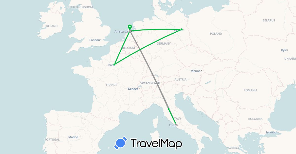 TravelMap itinerary: driving, bus, plane in Germany, France, Italy, Netherlands (Europe)